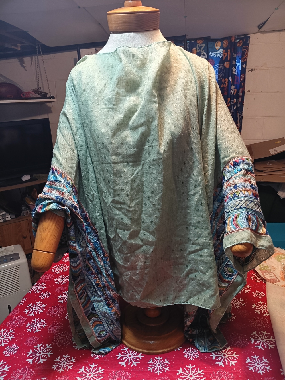 Womens Embroidered Boho Poncho in Sage Green